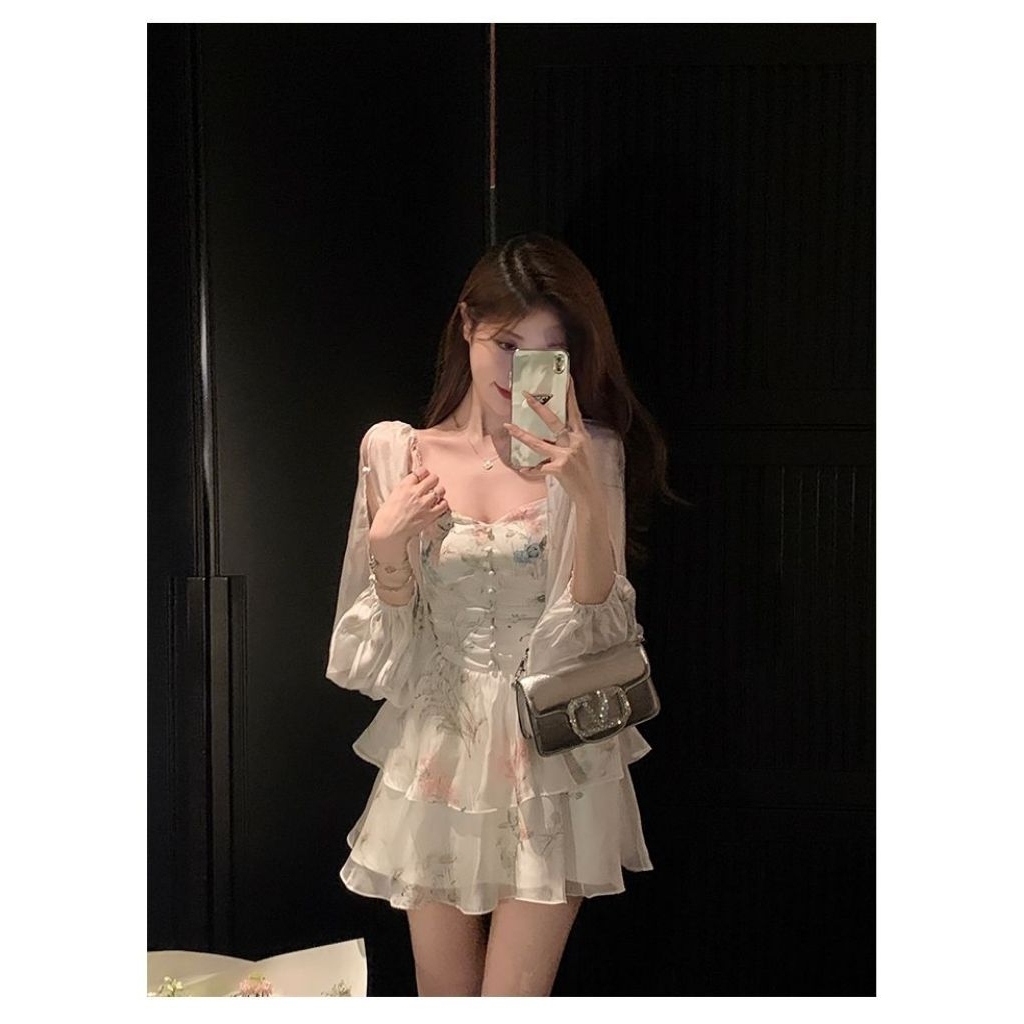 Setelan Mini Dress Wanita Sabrina Dress Chiffon Bunga Gaya Elegan