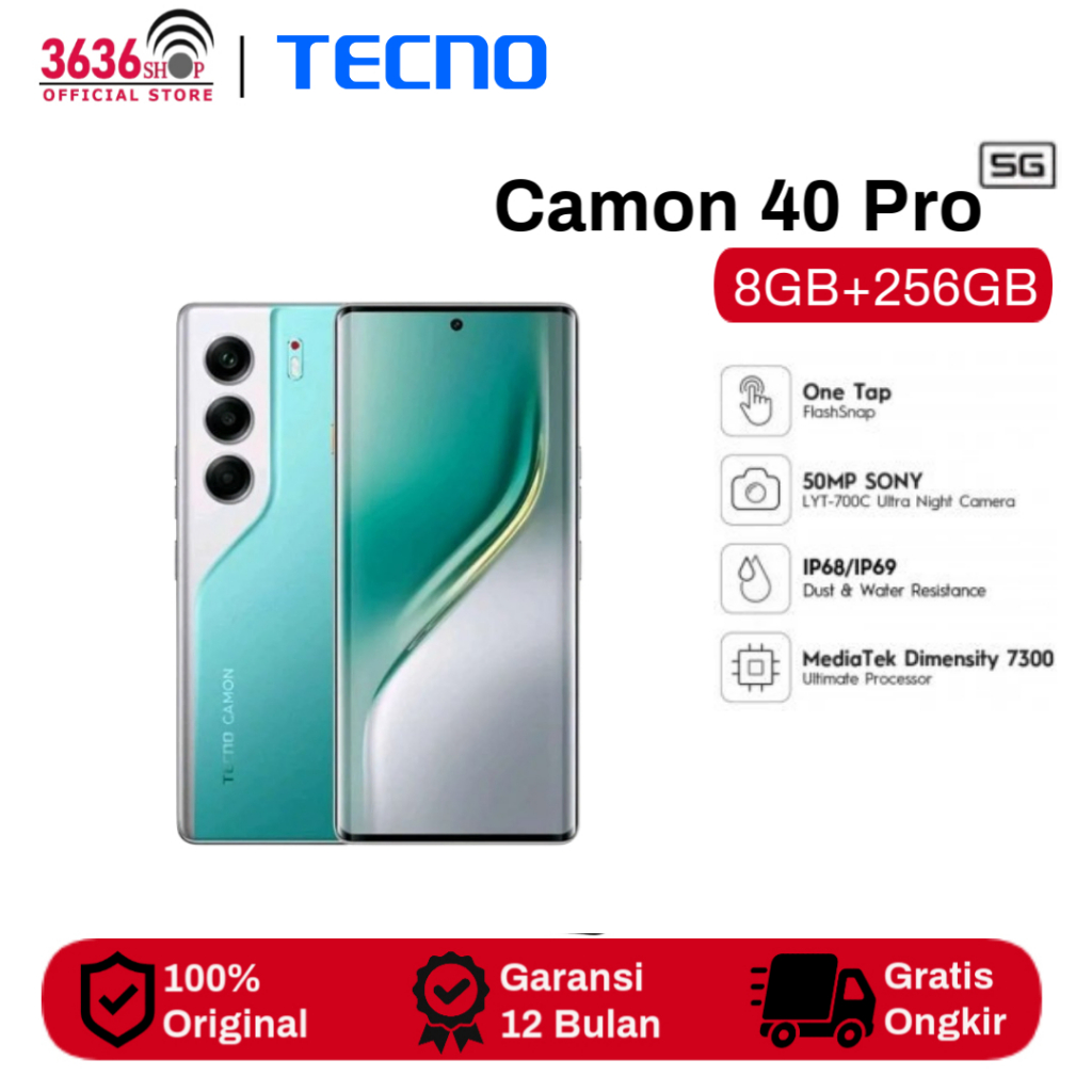 Tecno Camon 40 Pro 5G [8+256GB] - LCD AMOLED - Dimensity 7300 - 5200mAh - Garansi Resmi 1 Tahun