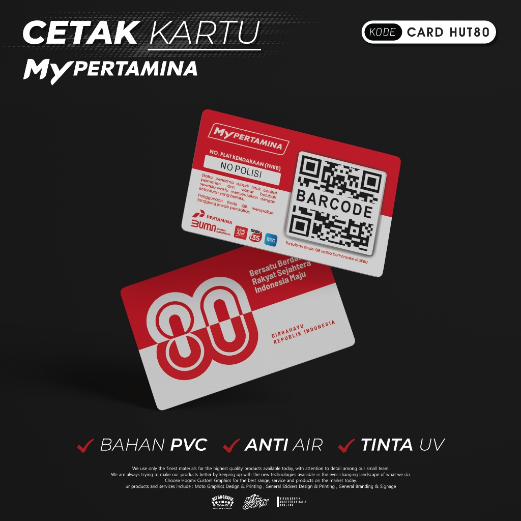 

Cetak Kartu My Pertamina Kemerdekaan Agustusan Indonesia HUT RI 80 Tahun Custom Bahan PVC Print UV Awet Anti Air dan Tidak Luntur Kualitas Terbaik