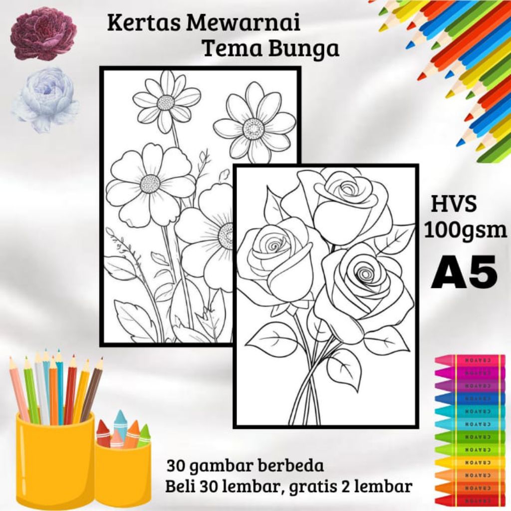 

30 LEMBAR KERTAS GAMBAR MEWARNAI TEMA BUNGA (READY LANGSUNG KIRIM)