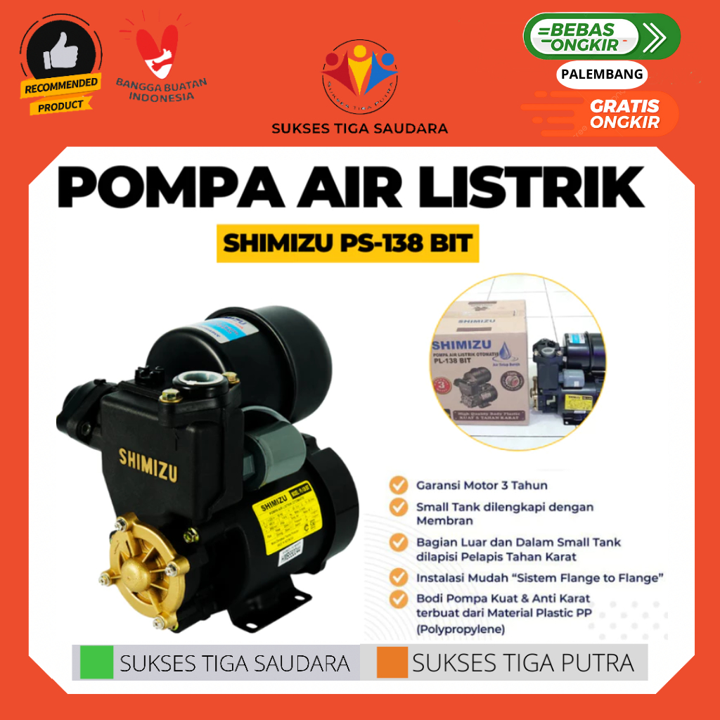 POMPA AIR LISTRIK SHIMIZU PS-138 BIT OTOMATIS / SNI BERKUALITAS MURAH SUMUR DANGKAL PALEMBANG