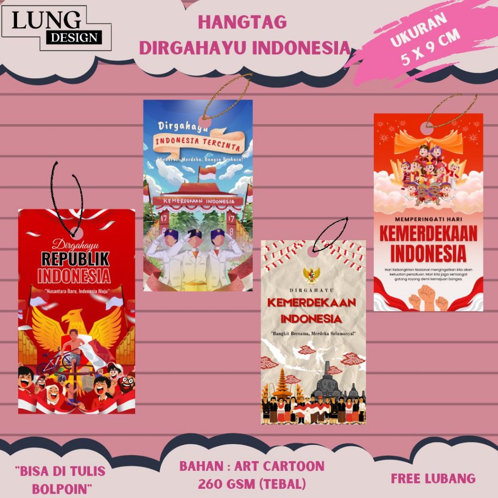 

Hang Tag Kemerdekaan Dirgahayu indonesia 17 agustus Cetak Hangtag 17 agustus - Label Merek - handtag hantag handstag hentek / Hang Tag Custom kemerdekaan indonesia / Hang Tag Premium merdeka / Kartu Ucapan Kemerdekaan