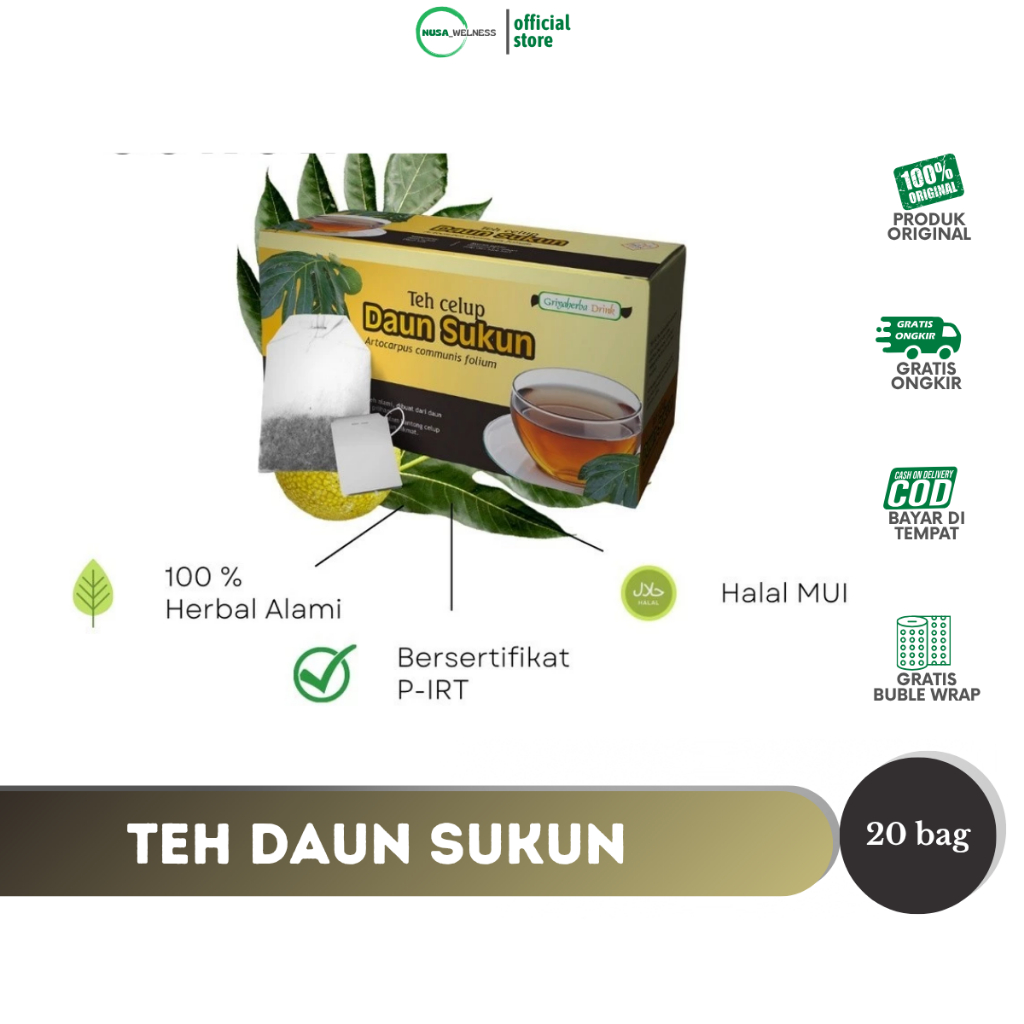 

TEH DAUN SUKUN GRIYA HERBA – isi 20 kantong teh herbal | jantung | kolesterol | darah tinggi | Kolesterol | plak pembuluh darah | original 100%
