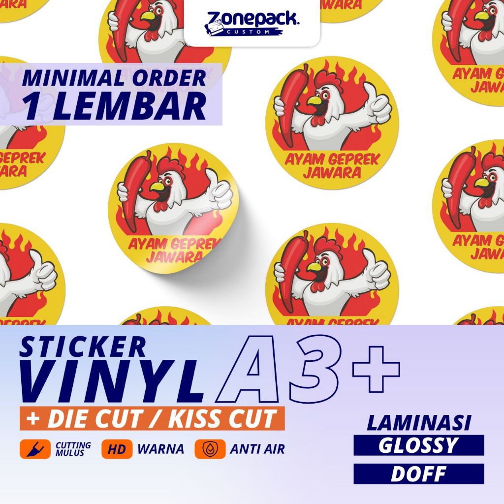 

Cetak Sticker Vinyl A3+ 1 LEMBAR | Cutting sesuai Pola | Die Cut - Kiss Cut | Label Kemasan | Zonepack Custom