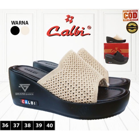 Calbi Sandal Sendal selop slop wedges 7 cm rajut kasual casual wanita perempuan original