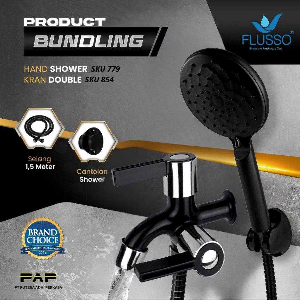 Ready stok FLUSSO Paket Hemat Shower Set Komplit + Keran Double Black Engkol Flusso Original GARANSI