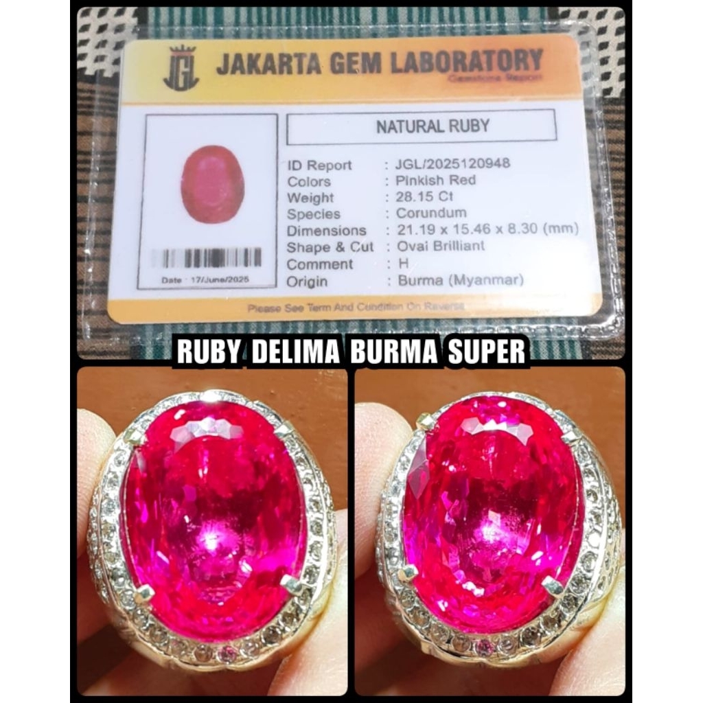 natural ruby delima burma asli jumbo HQ + ring perak mewah