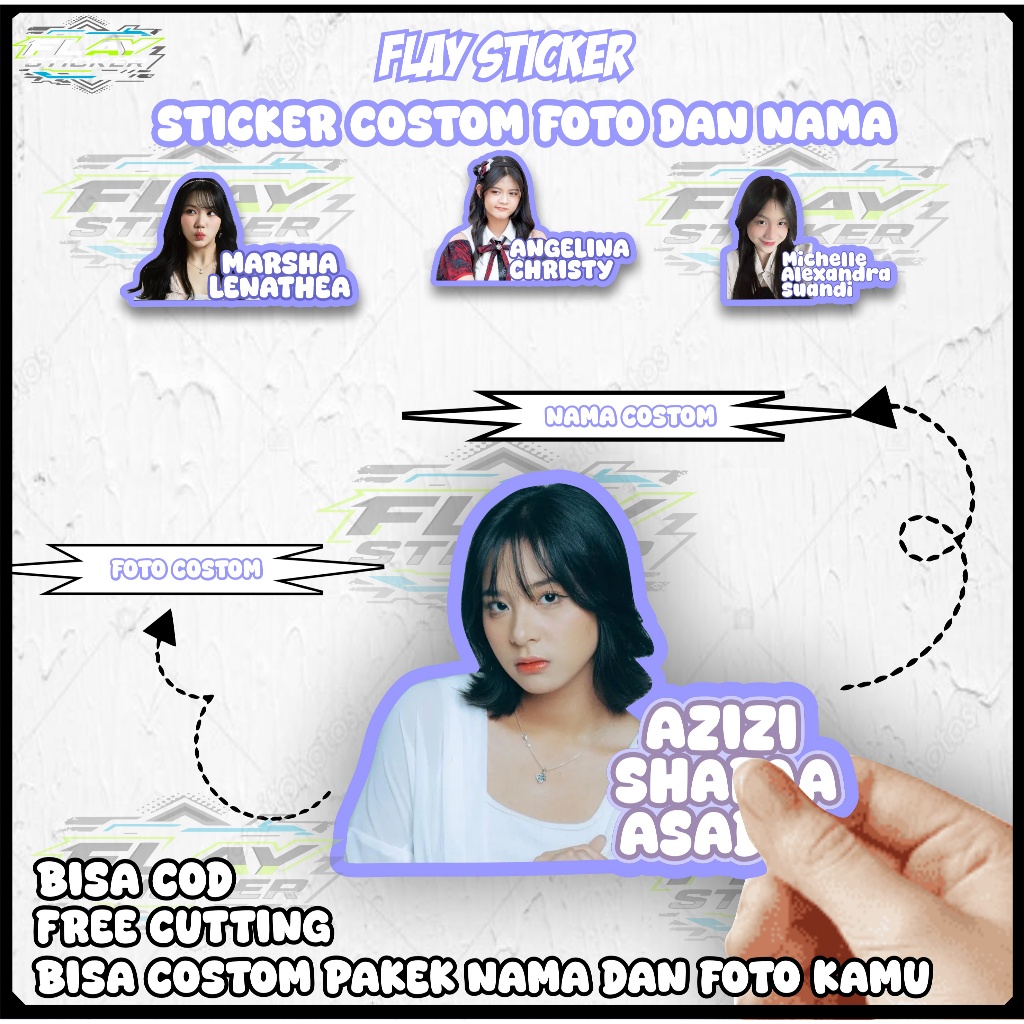 

Stiker Nama dan Foto Wajah Custom Tahan Air Waterprof Udah di Potong Sesuai Pola Sticker Laptop Helm Free Desaign FY.01