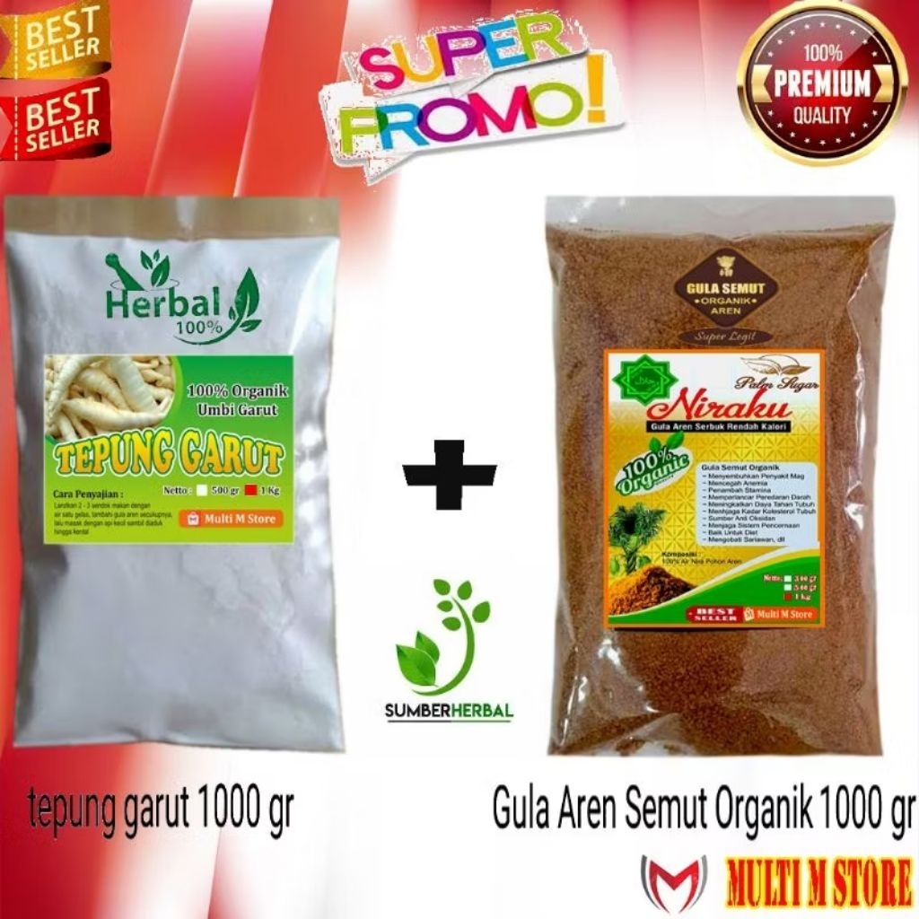

PAKET Gula Aren Semut Super 1000 Gram | Tepung Pati Garut Premium 1000 Gram