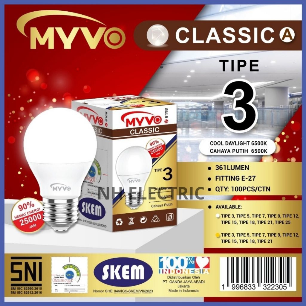 Lampu Led Buld 3 Watt Classic Putih Bohlam Myvo - Led 3w Putih Classic Myvo - Led 3W Classic White M