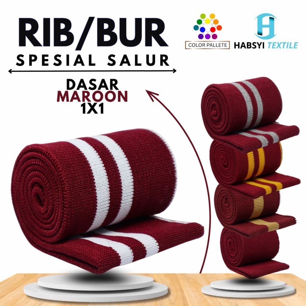 Kain Rib/Bur Jaket Polyester Salur Rajut 1x1 Warna Dasar Maroon Jaket Varsity Bomber Riding Outdoor