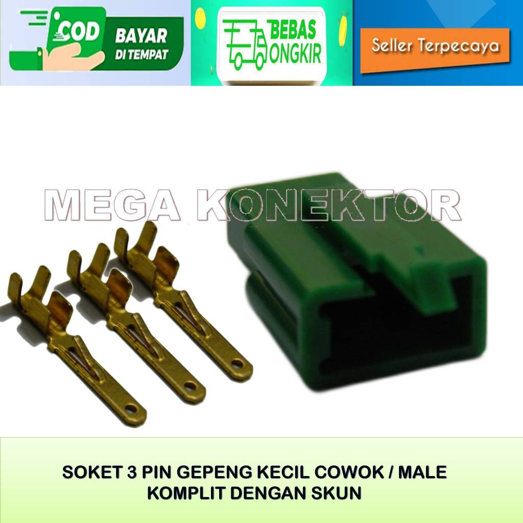SOKET KABEL MOTOR 3 PIN KECIL  HIJAU MALE-SOKET –SOKET KABEL–3 PIN- SOKET - SOKET KABEL 3 PIN NYLON