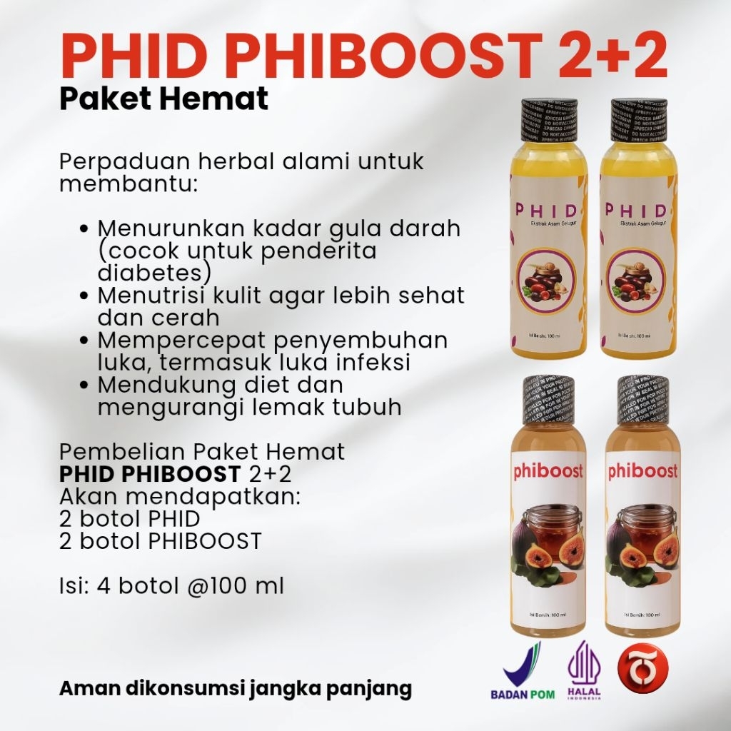 

PHID dan PHIBOOST Paket Hemat Herbal 2+2 – Bantu Kontrol Gula Darah, Perawatan Kulit, dan Pemulihan Luka