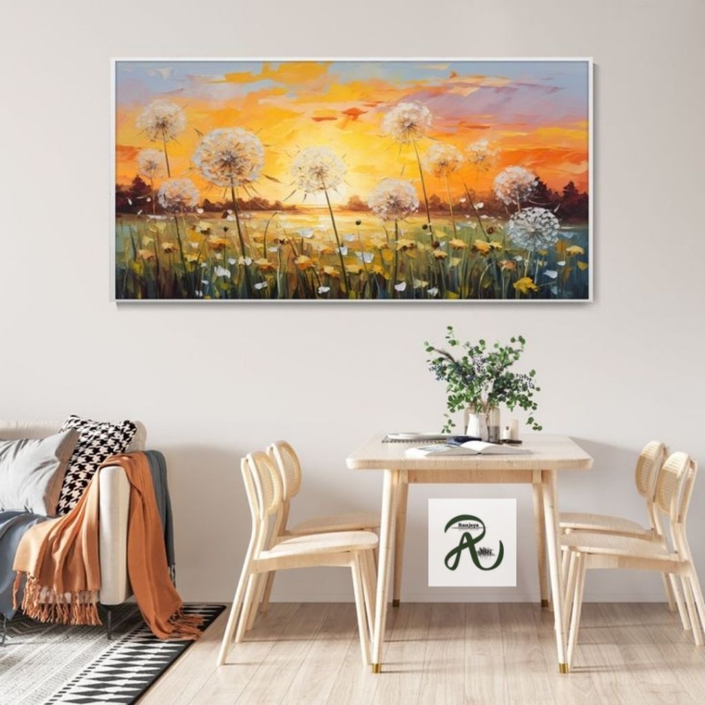 Lukisan pemandangan bunga dandelion sunset