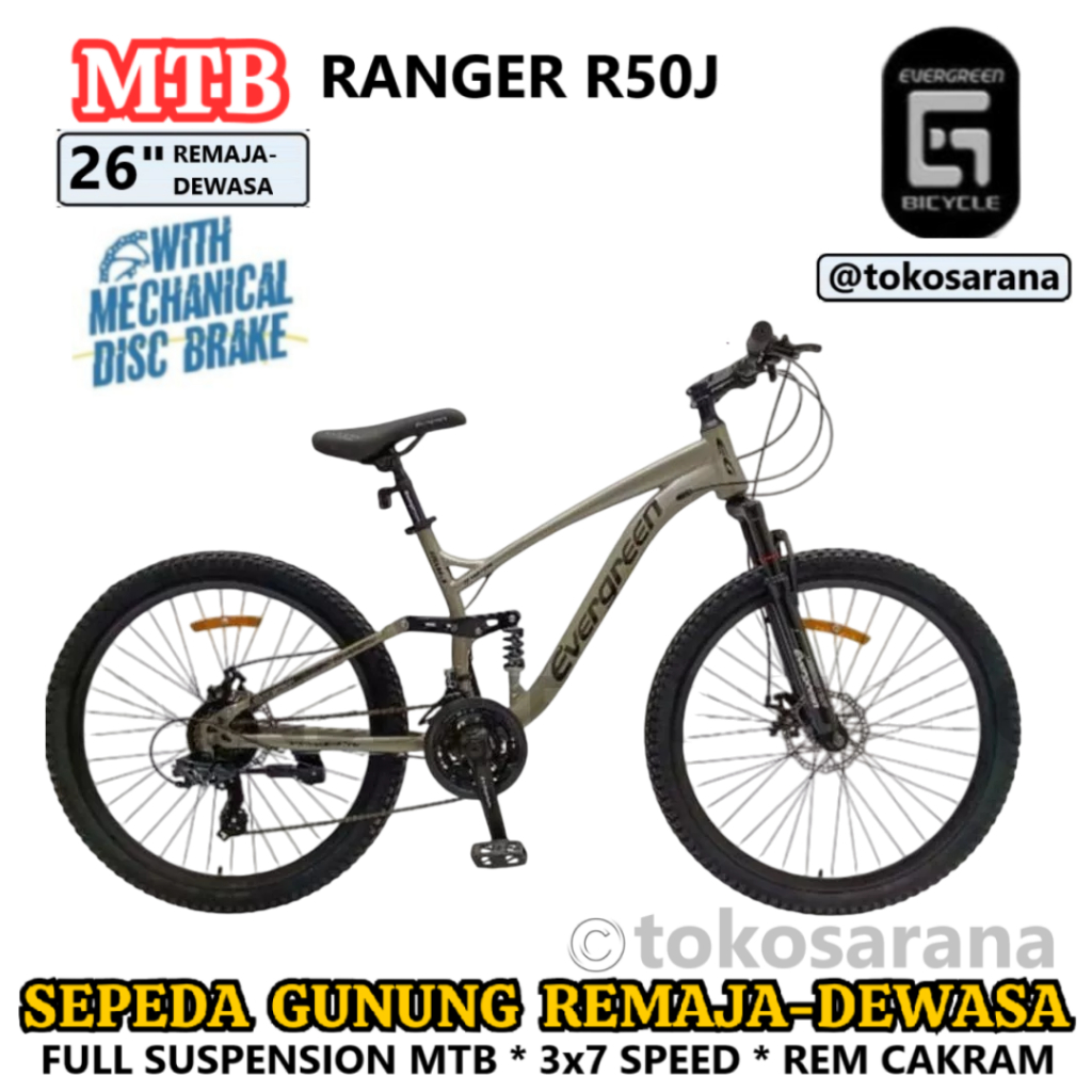 Evergreen Ranger R50B R50J MTB 26" Sepeda Gunung Remaja Dewasa Full Suspension 3x7 Speed Rem Cakram