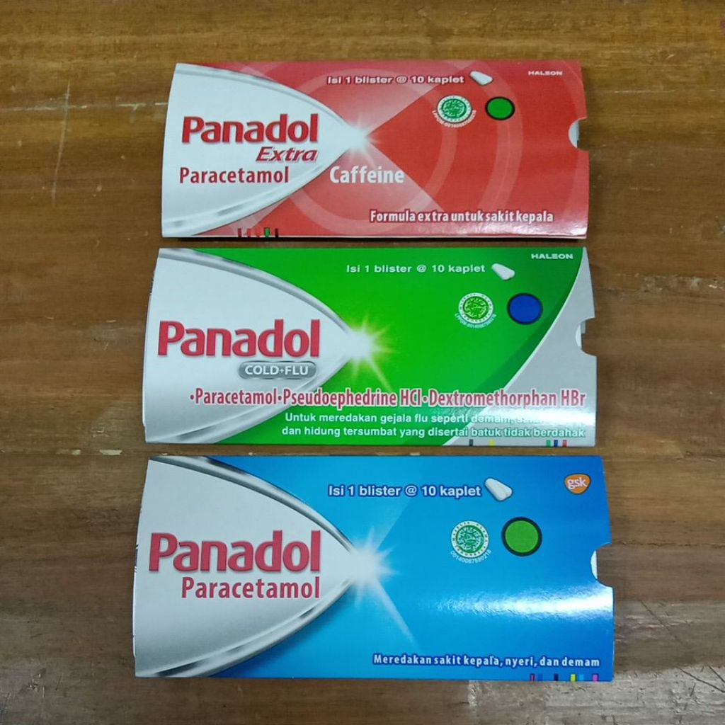 Panadol tablet merah, hijau, dan biru 1 strip 10 tablet
