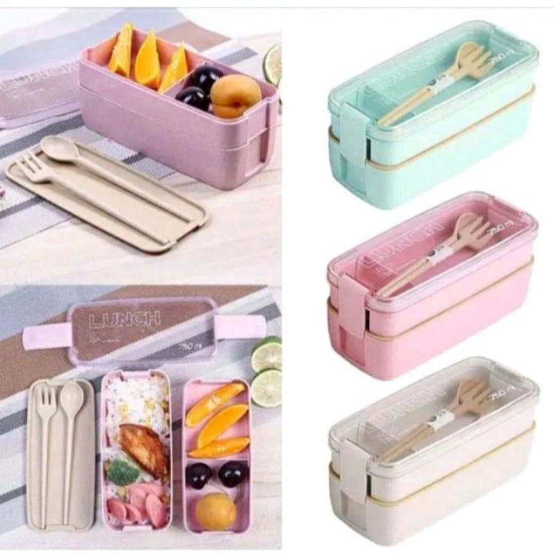 KOTAK BEKAL/ TEMPAT MAKAN/ LUNCH BOX 2 SUSUN BAHAN SERAT JERAMI GANDUM 750ML BPA FREE SENDOK GARPU