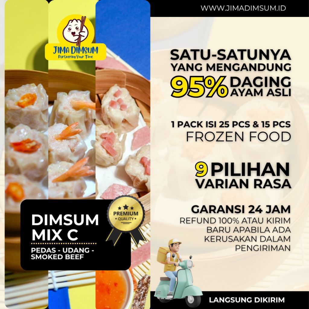 

Dimsum Jima MIX C Isi 25 Pcs Pedas Udang Smoked Beef Siomay Frozen Enak Halal Full Daging Ayam Asli Bukan Tepung