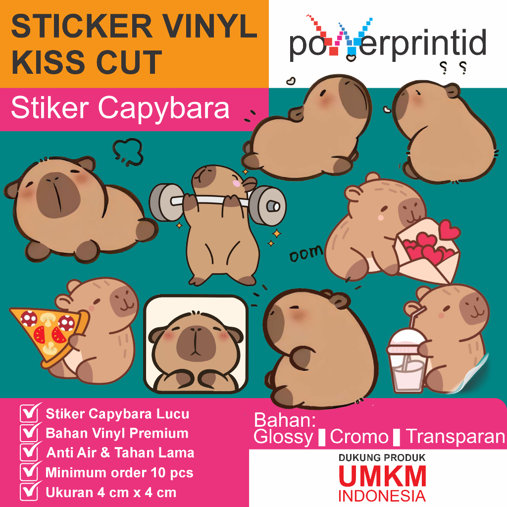 

Stiker Capybara Lucu 4x4cm minimum order 10 pcs | Vinyl Glossy & Transparan | Tahan Air