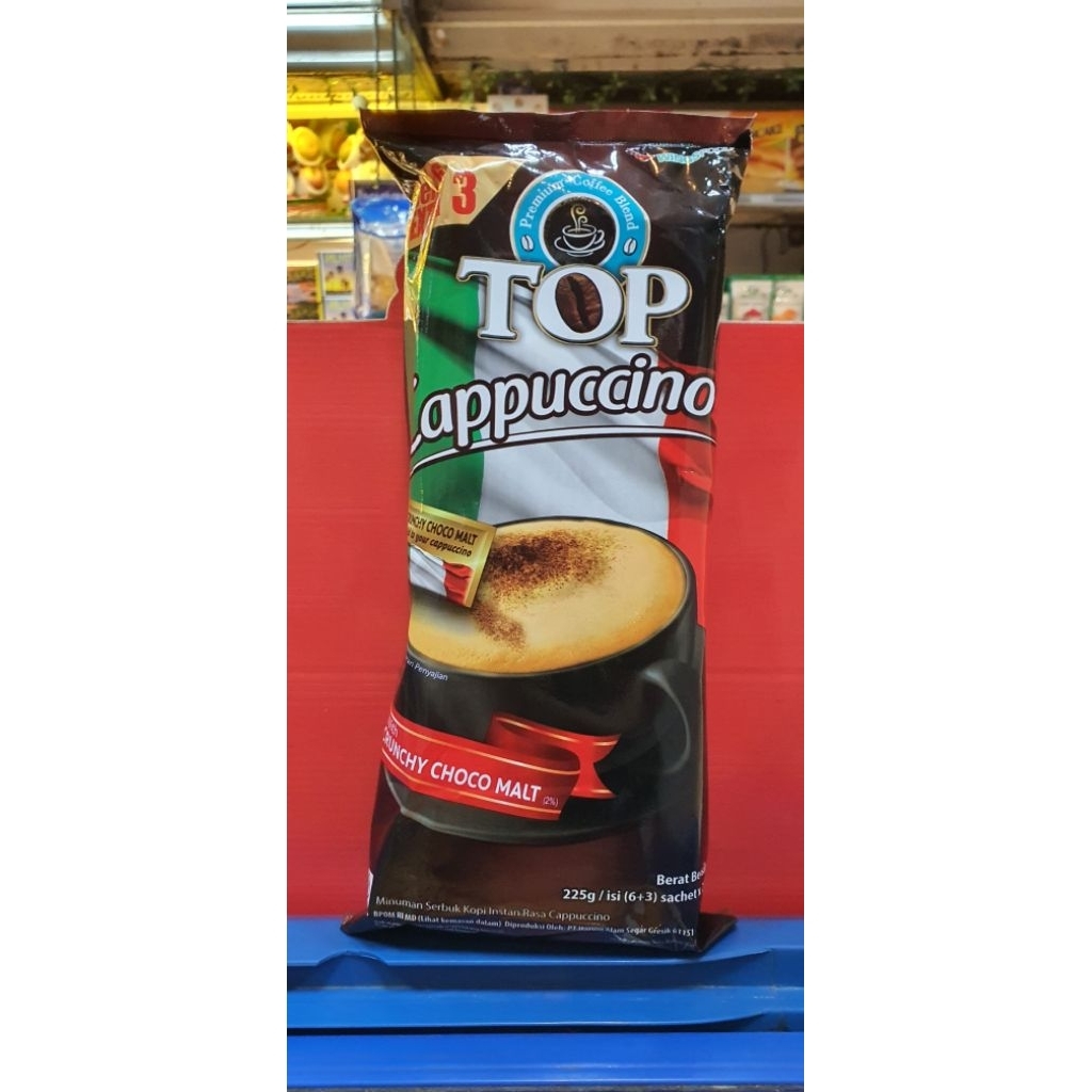 

Top Cappuccino Premium Coffee Blend With Crunchy Choco Malt 225gr ( isi 6+3 sachet @25gr )