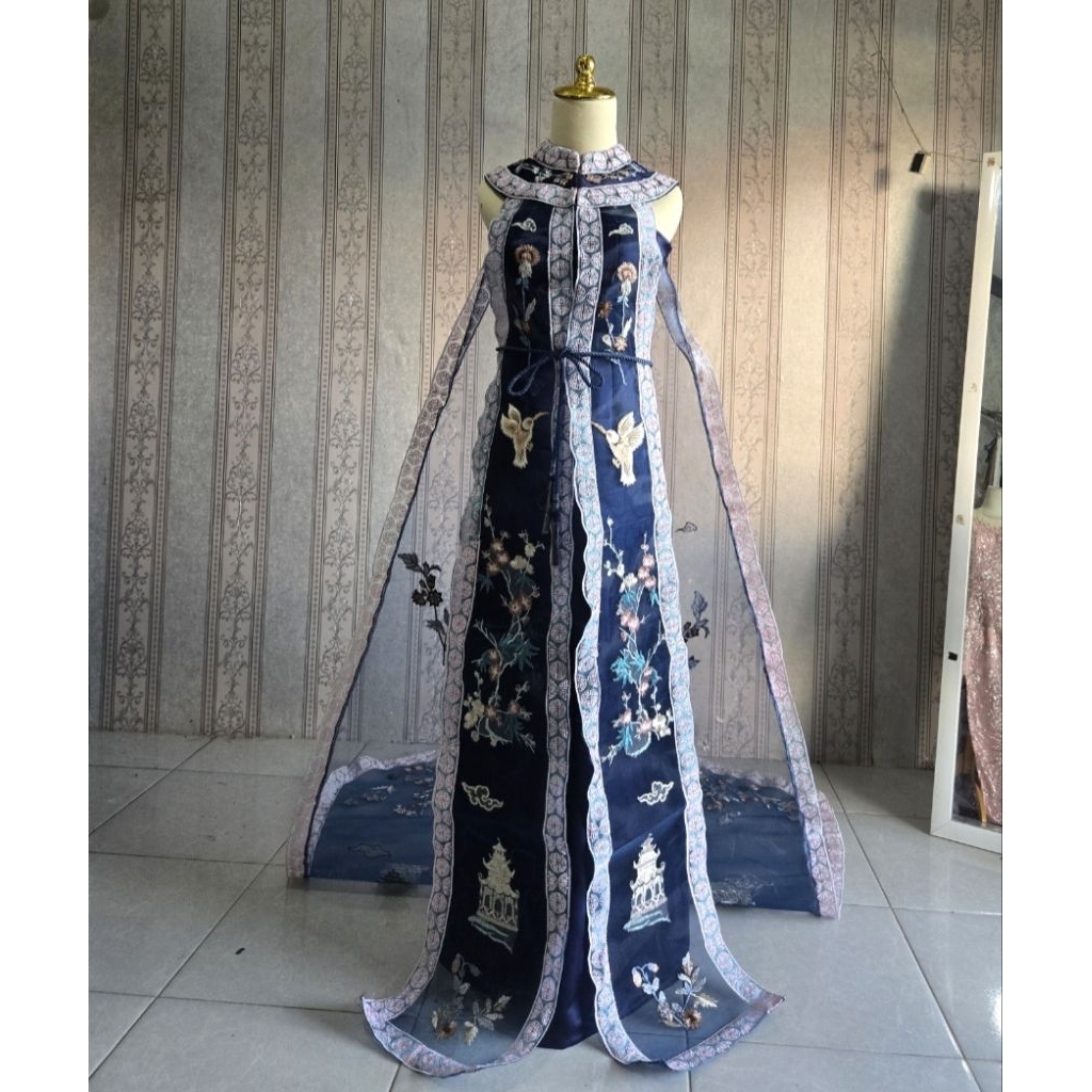 Cheongsam dress navy crinoline / gaun sangjit china / baju wedding chinese