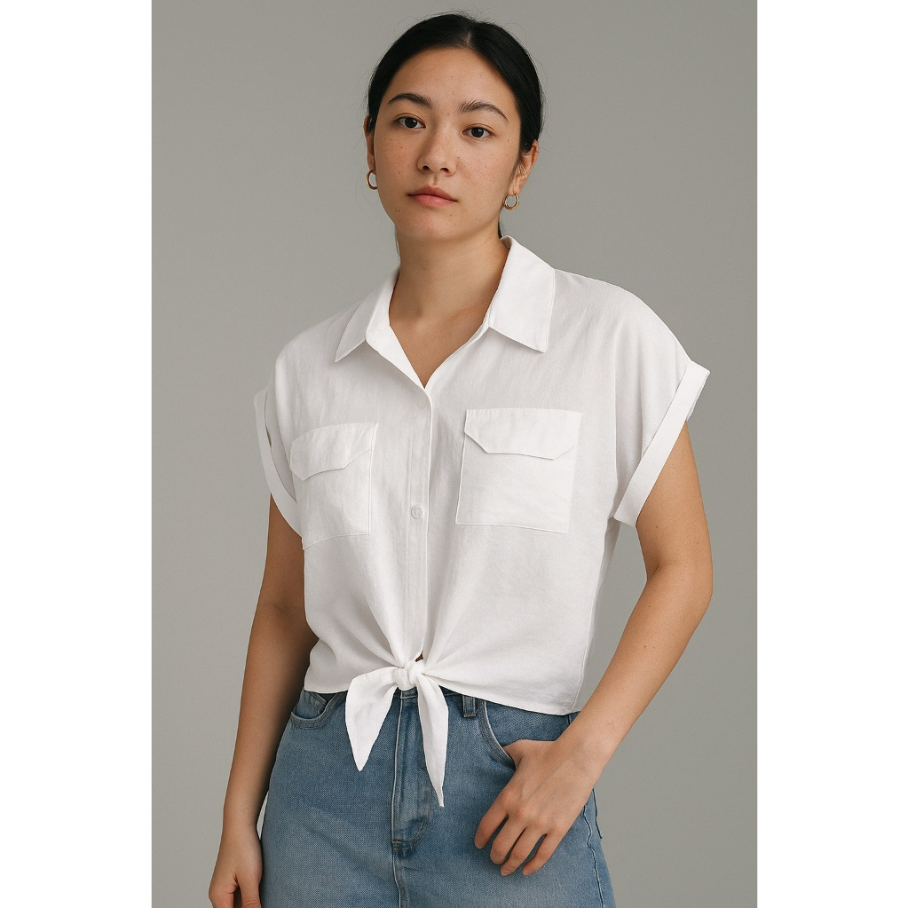 Kemeja Wanita Putih Lengan Pendek Model Ikat Depan | Atasan Casual Polos Cewek Korea Style
