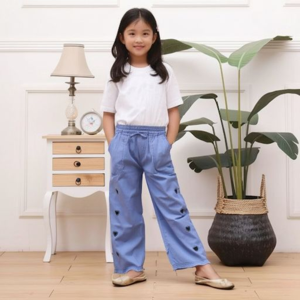 Celana Panjang Kulot Jeans Anak Perempuan Model Baggypants, Jogger, Rawis Polos Usia 4-10 Tahun Moti