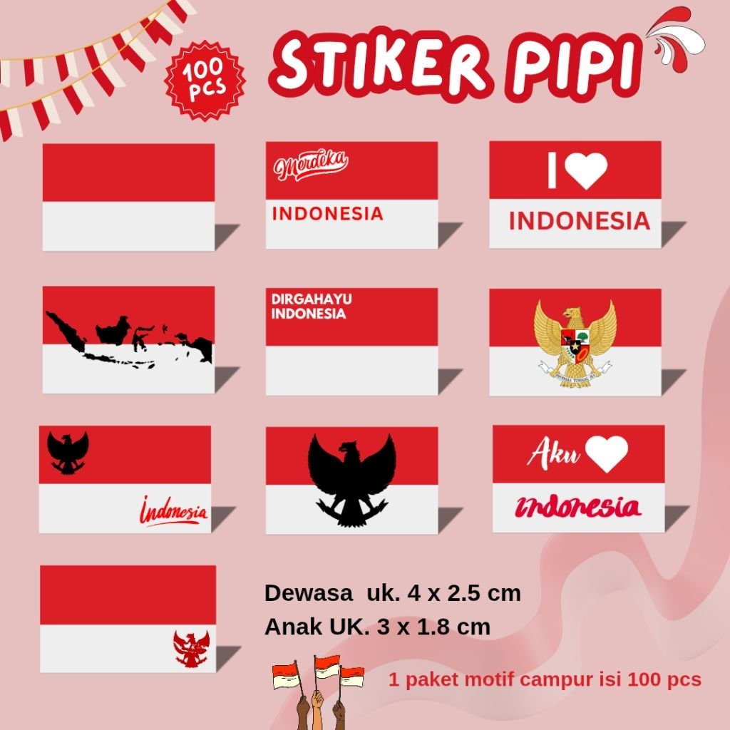 

Stiker bendera pipi agustusan untuk dewasa dan anak 100 pcs /stiker merah putih / stiker anak dewasa