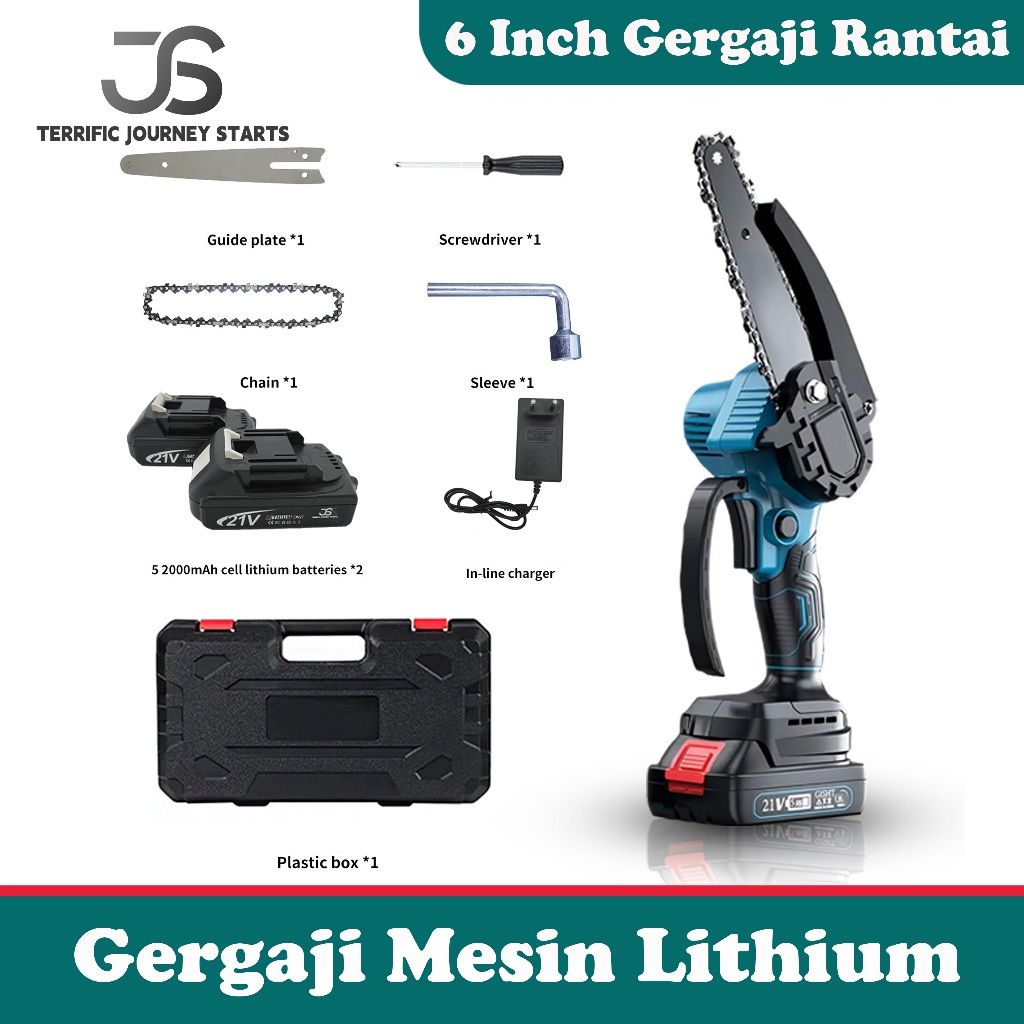 Mesin Chainsaw  JS 6 inch Cordless Gergaji Pemotong Kayu Gergaji Listrik 2 Baterai Gergaji Kayu