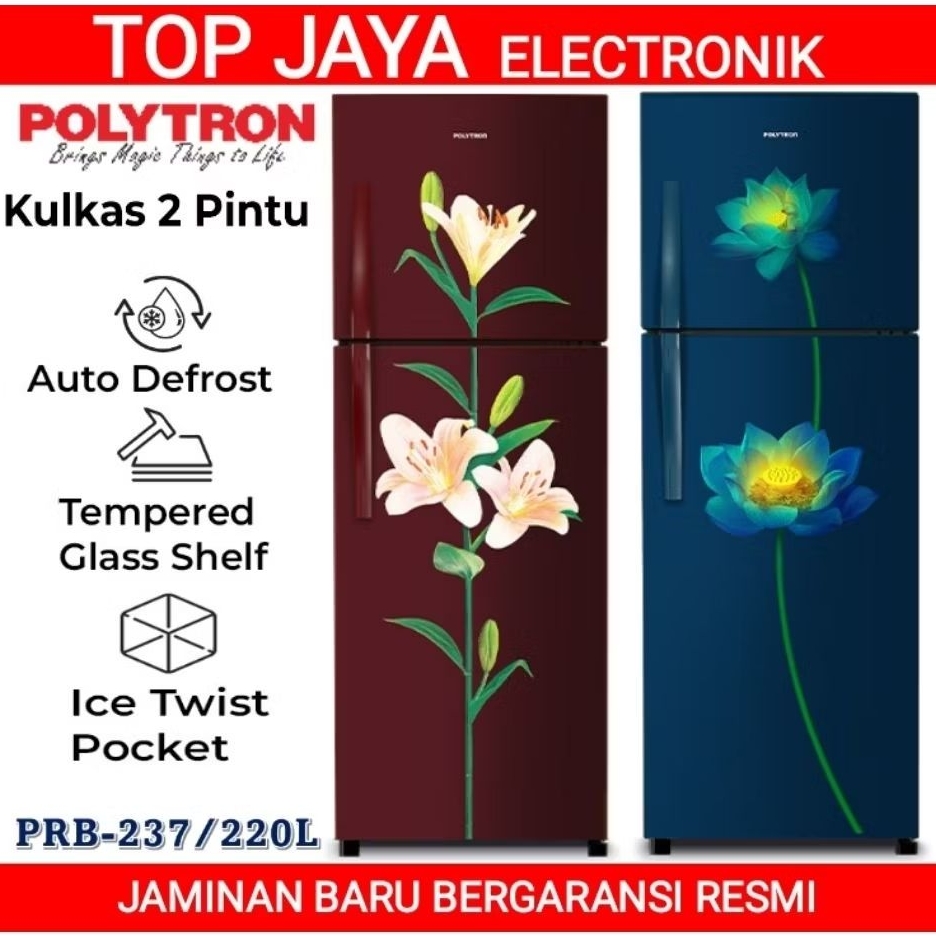 KULKAS POLYTRON 2 PINTU PRB-237/POLYTRON KULKAS 2 PINTU 220 LITER/LEMARI ES 2 PINTU TANPA BUNGA ES