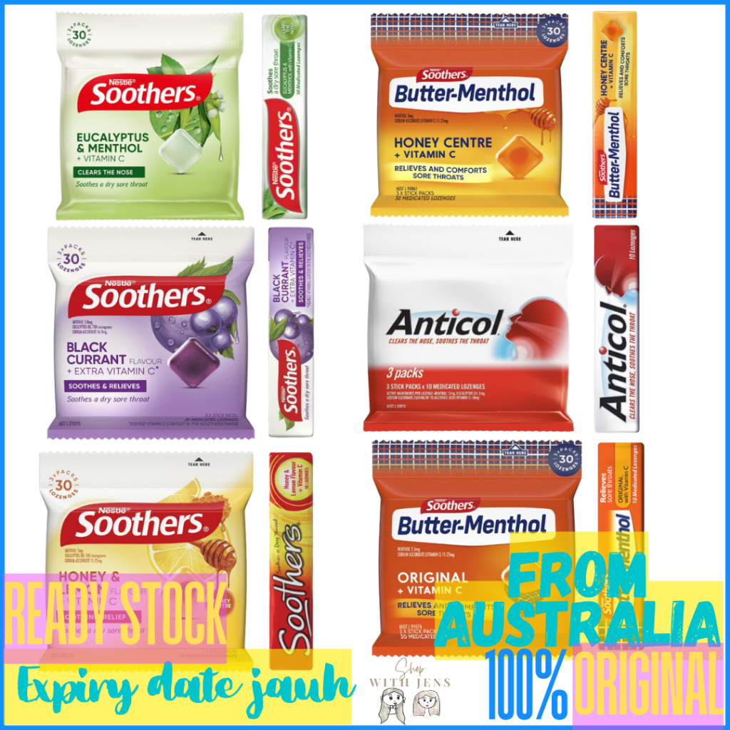 

Soothers Anticol Butter-Menthol ButterMenthol Comvita MADE IN AUSTRALIA 3x10 30 or 10 Pack Throat Lozenge Pereda Tenggorokan & Hidung Tersumbat