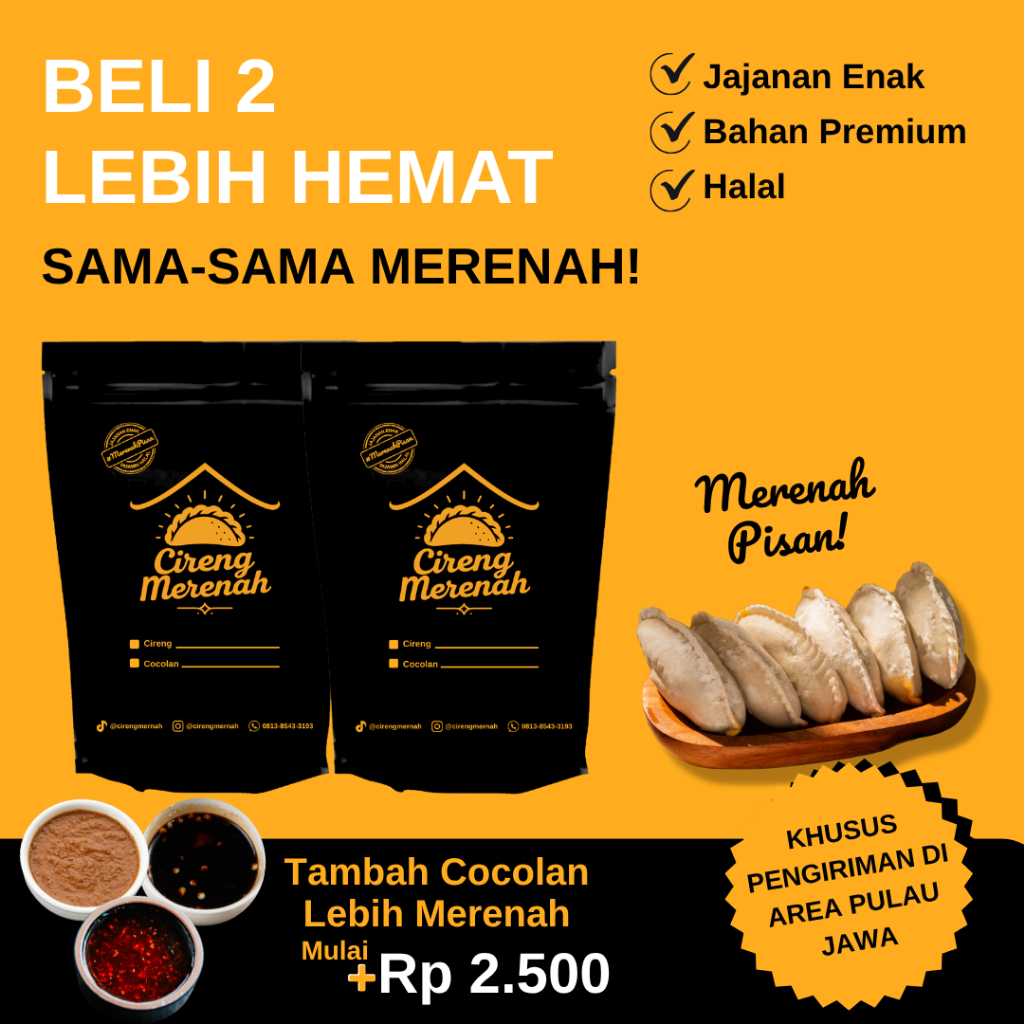 

2 PAK CIRENG MERENAH CIRENG ISI AYAM PEDAS / AYAM ORIGINAL / KEJU / KEJU LUMER / JANDO / COCOLAN