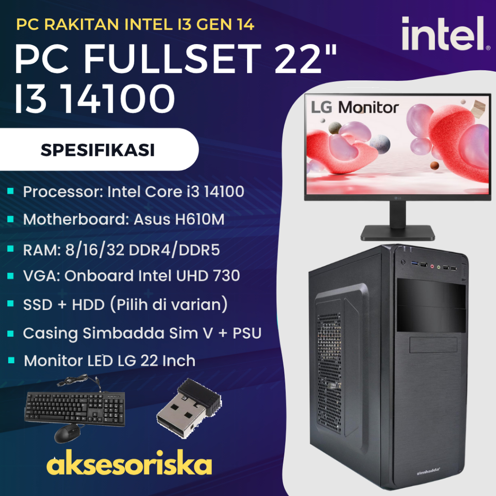 PAKET LENGKAP PC RAKITAN KOMPUTER KANTOR Intel Core i3 14100 MONITOR LED LG 22" PC Rakitan i3 Gen 14