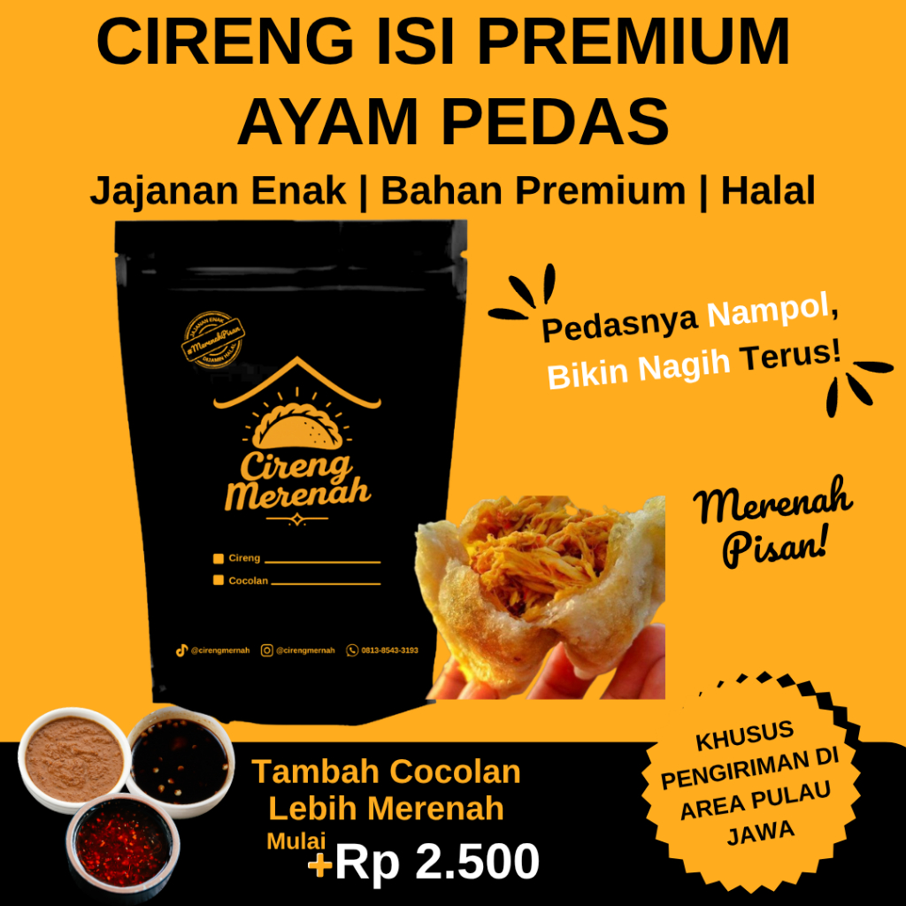 

CIRENG MERENAH CIRENG ISI AYAM PEDAS EKSTRA COCOLAN CHILI OIL / BUMBU KACANG / BUMBU RUJAK