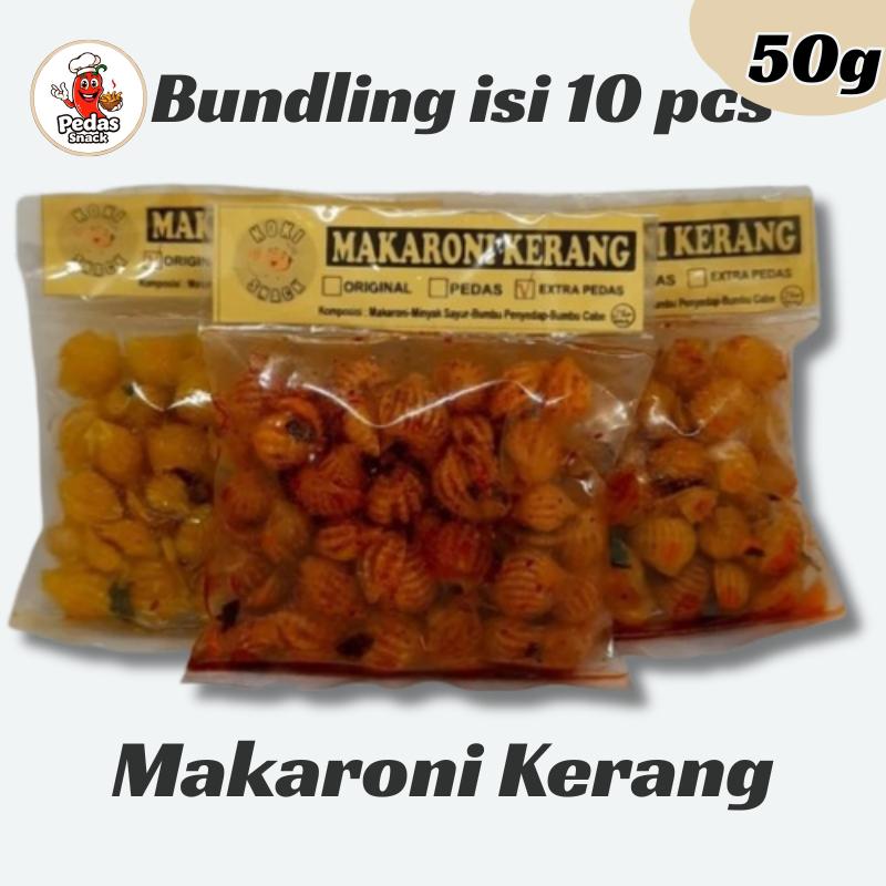 

10 pcs 50 gr Makaroni Kerang Pedas Gila – Snack Renyah Kering | Original, Pedas, Extra Pedas