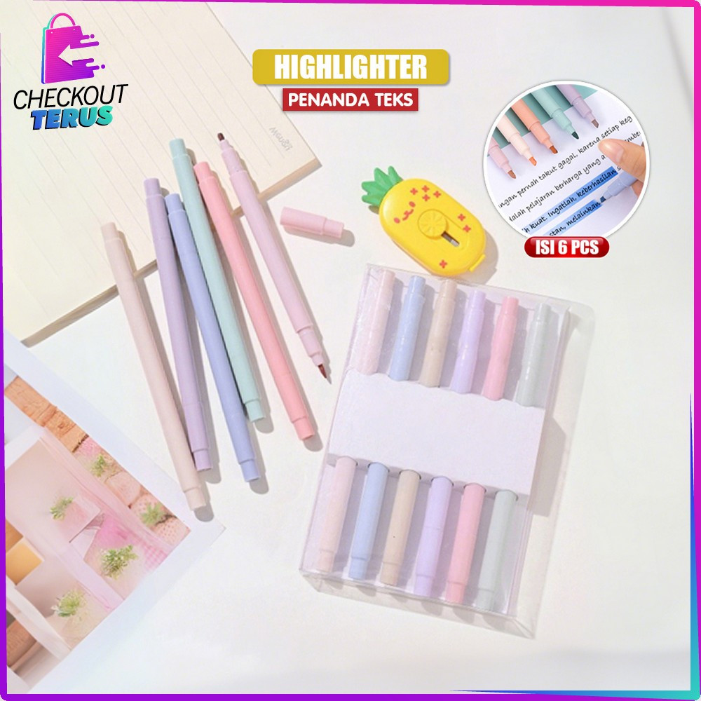 

EC CT A116 Highlighter Set Isi 6pcs Penanda Teks Buku Siswa Dua Sisi Warna Pastel Motif Polos Spidol Marker Alat Tulis