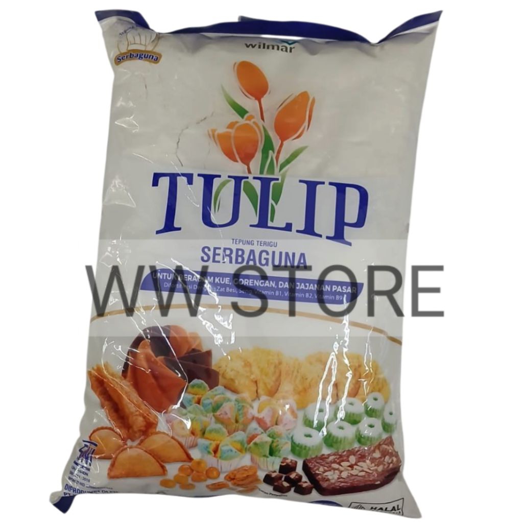 

Tepung Terigu EKONOMIS SERBA GUNA SERBAGUNA untuk Beragam Kue Gorengan Jajanan Pasar halal MUI wilmar TULIP Economical All - Purpose Wheat Flour 1kg