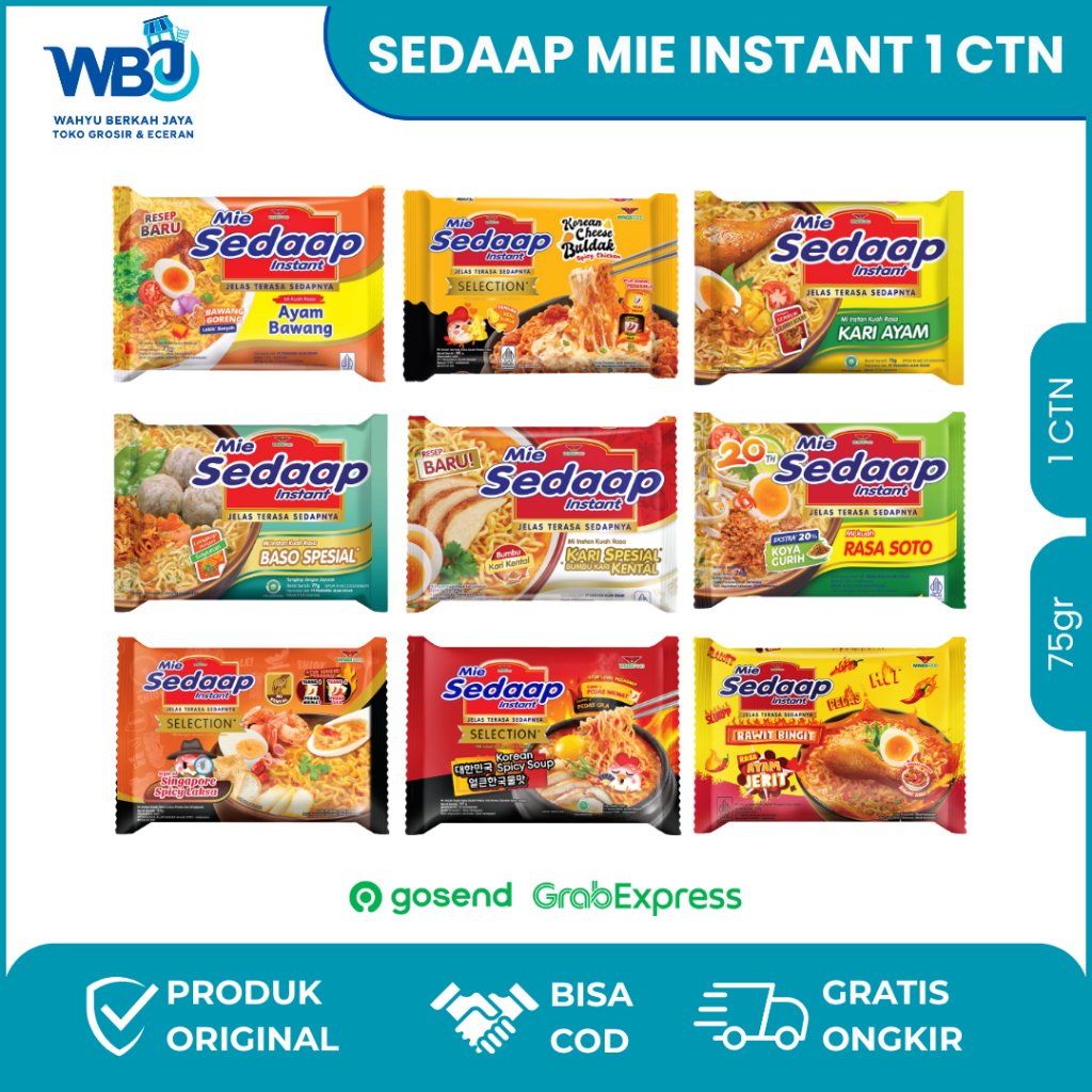 

Mie Sedaap Kuah 1 Dus Karton 75gr (Isi 40 PCS) – Ayam,Soto, Baso, Selection Pedas | Dus Grosir Ready