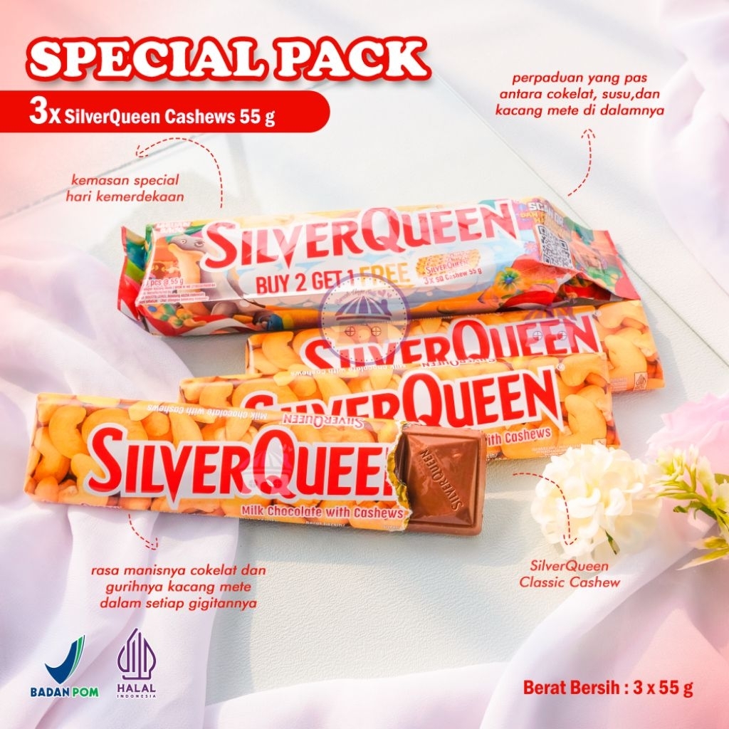 

PROMO SilverQueen Special Package Kemerdekaan Beli 2 gratis 1 55gr × 3pcs Coklat Mete yang Lezat Lembut dan Renyah 100% ORI