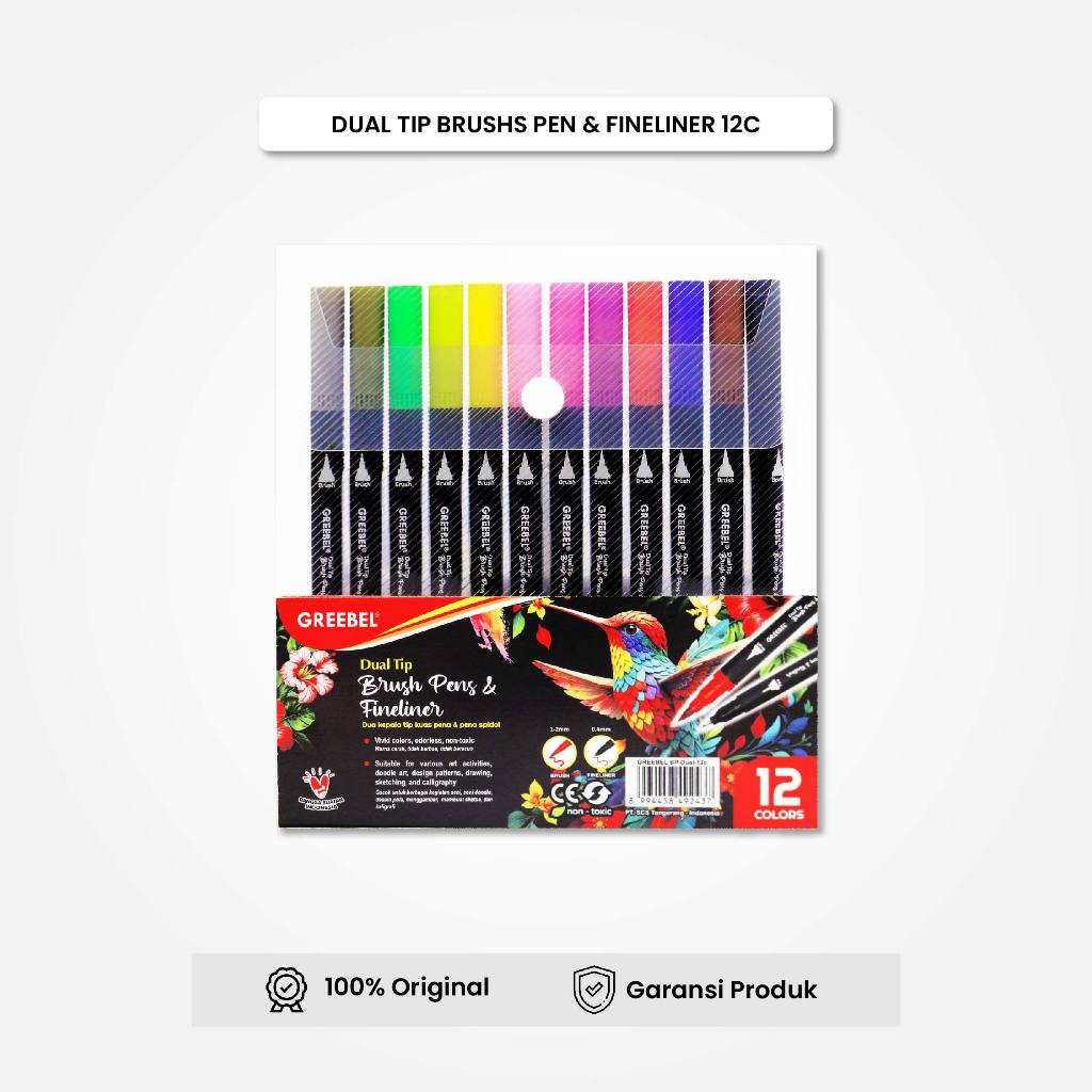 

GREEBEL Spidol Warna Set BRUSH PEN DUAL 12 Warna Brush Pen Double Tip Drawing Pen Permanent Marker