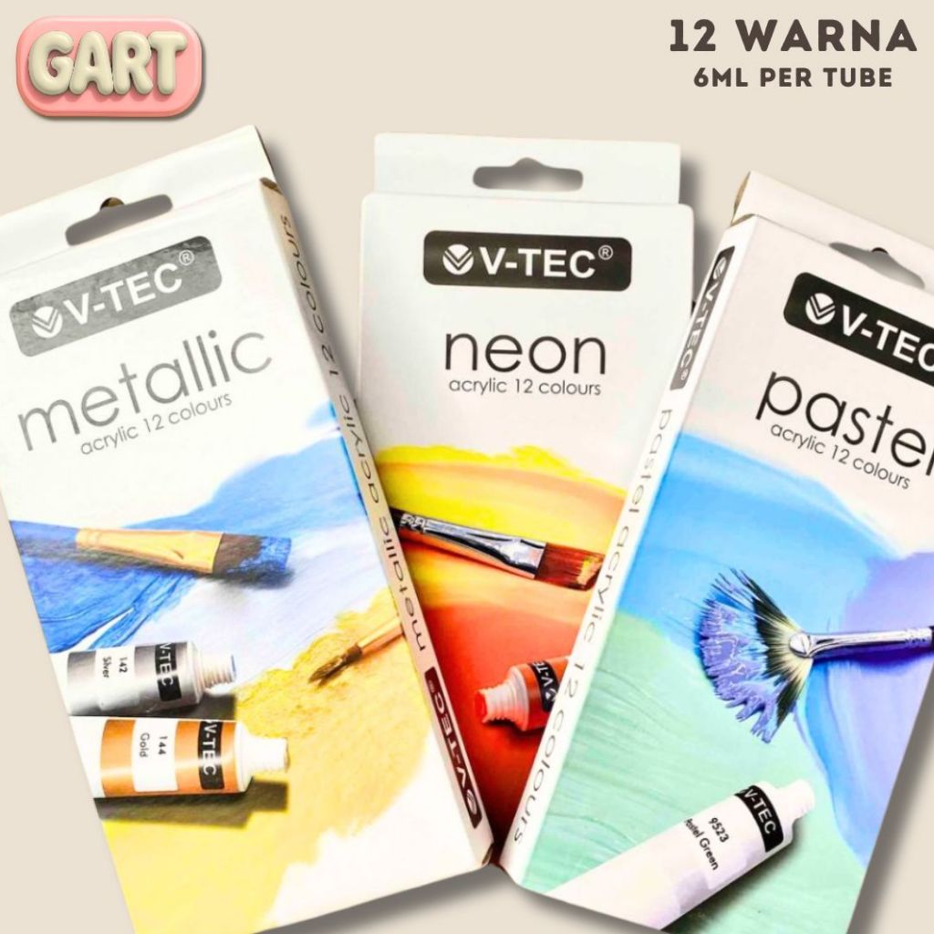 

12 WARNA CAT AKRILIK PASTEL & NEON & METALIC ( V-TEC ) - Cat Akrilik Isi 12 Warna