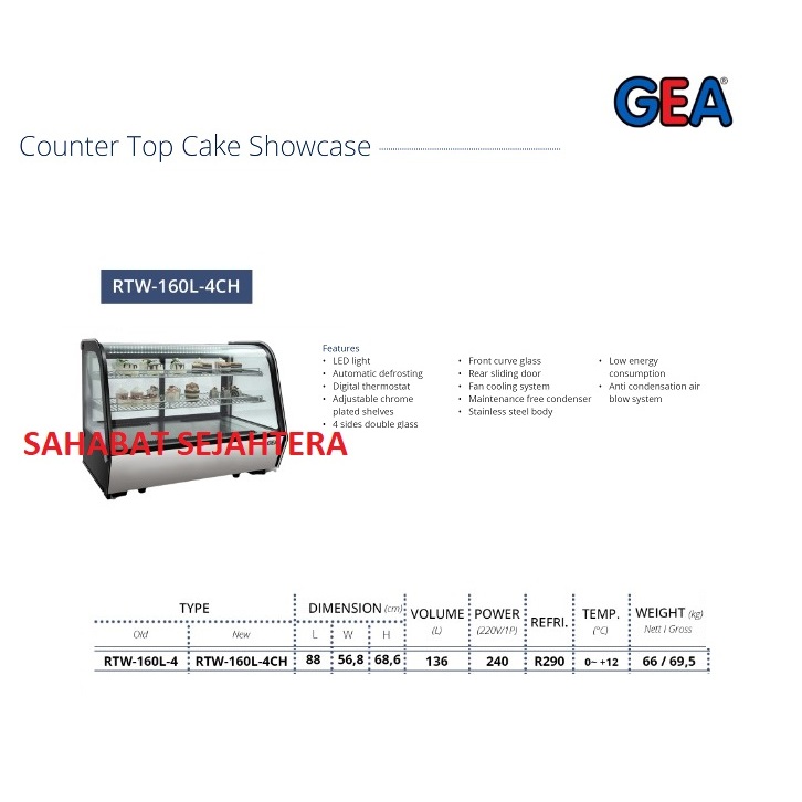 GEA Counter Top Cake Showcase RTW-160L-4CH Etalase Pendingin Kue – Lemari Kaca Display Chiller Mini 