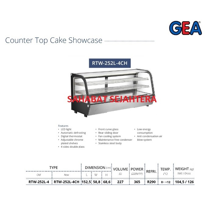 GEA Counter Top Cake Showcase RTW-252L-4CH Etalase Pendingin Kue