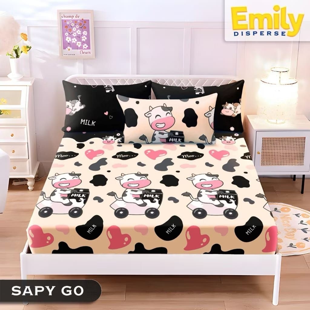 SPREI KARET KATUN PREMIUM 90/100/120/140/160/180/200 Motif Sapi cow smile cream