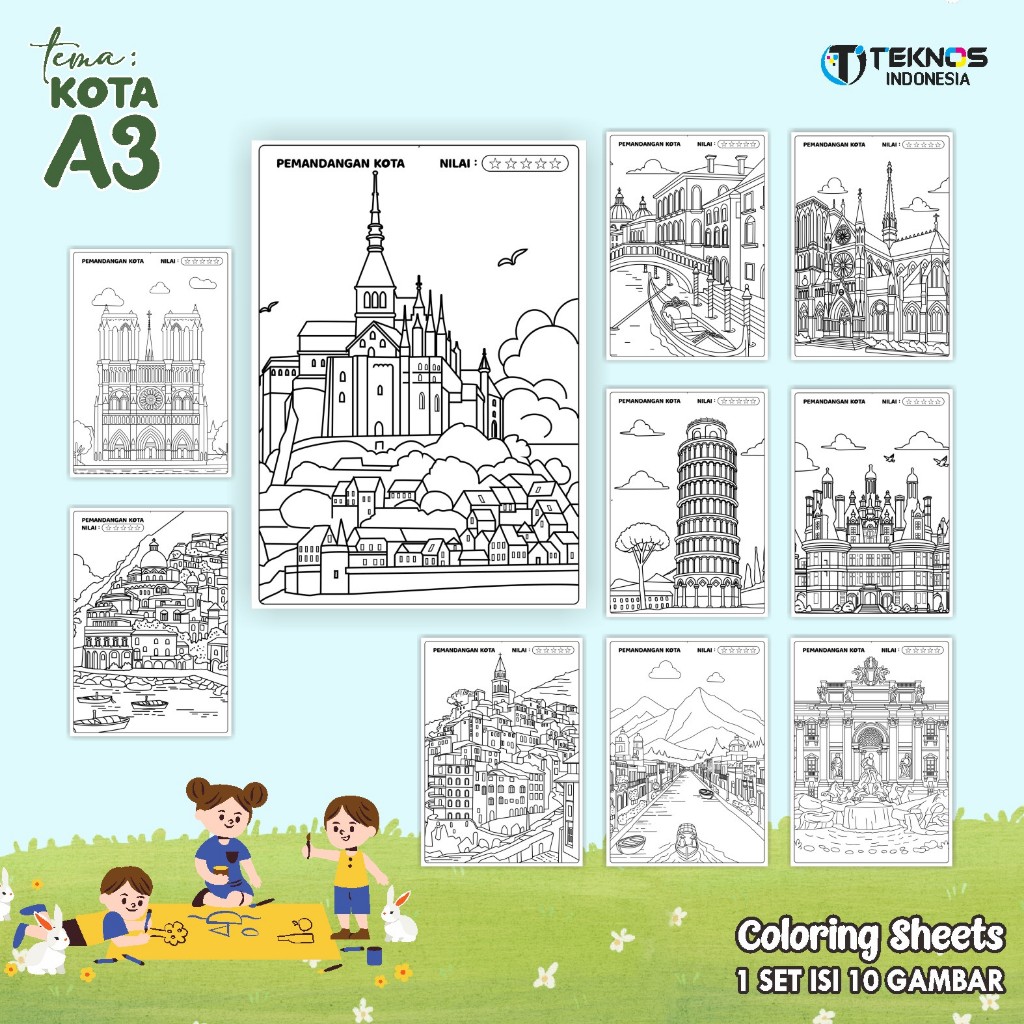 

KERTAS GAMBAR ANAK PAUD/TK - LEMBAR MEWARNAI KOTA A3 READY STOCK