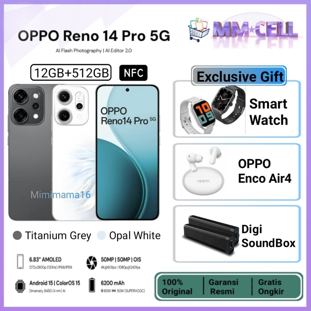 OPPO RENO 14 PRO 5G RAM 12/512GB { +12GB Extended Ram } GARANSI RESMI OPPO