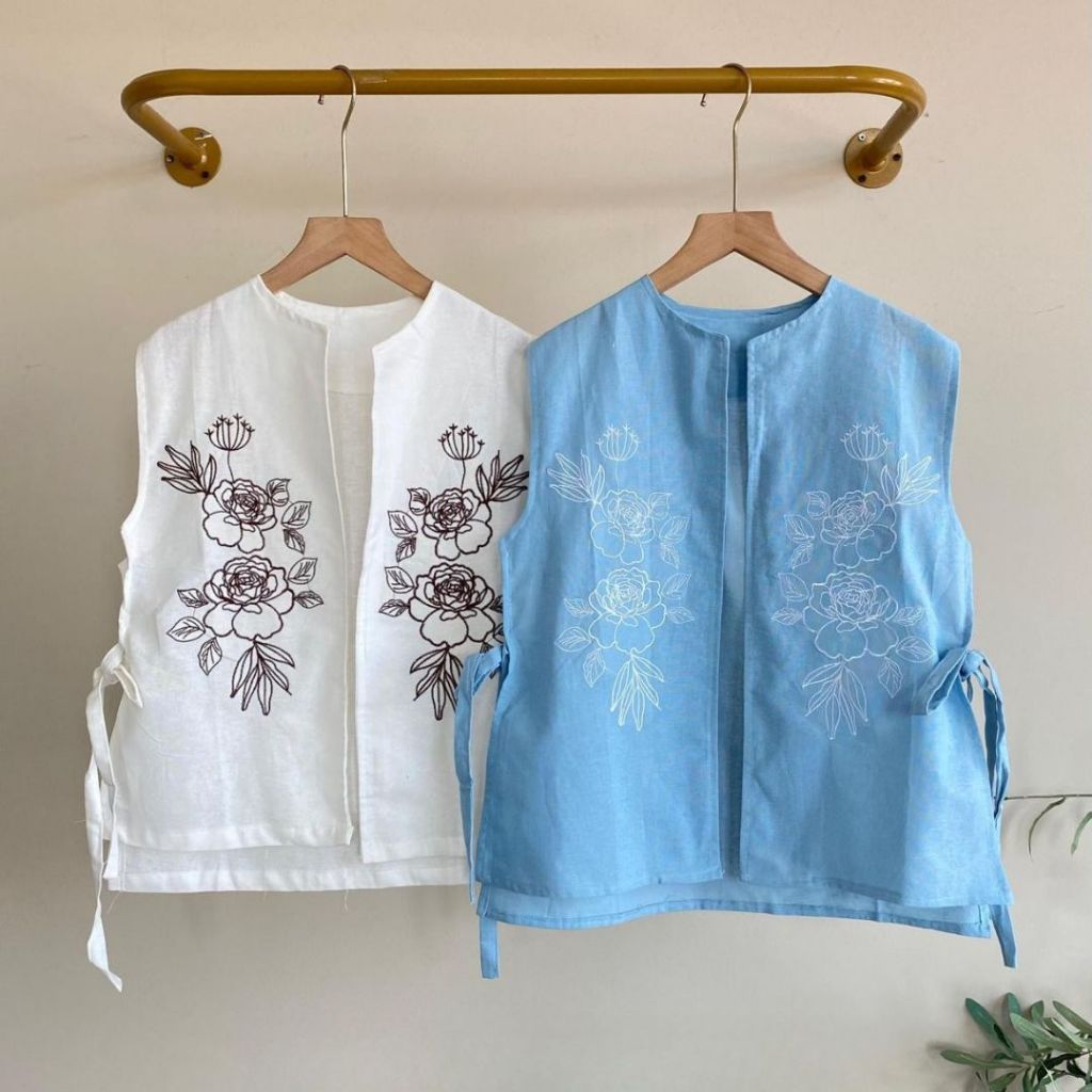 Vest Linen Bordir Wanita Import Best Seller – Outer Tanpa Lengan Premium Fit to XXL