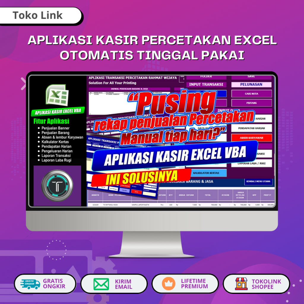 APLIKASI KASIR PERCETAKAN EXCEL Otomatis Tinggal Pakai