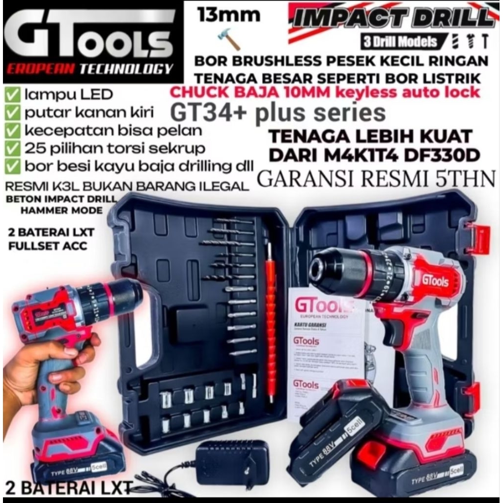 GTOOLS GT34+ BOR CORDLESS 10MM KEYLESS 2 BATERAI KOPER