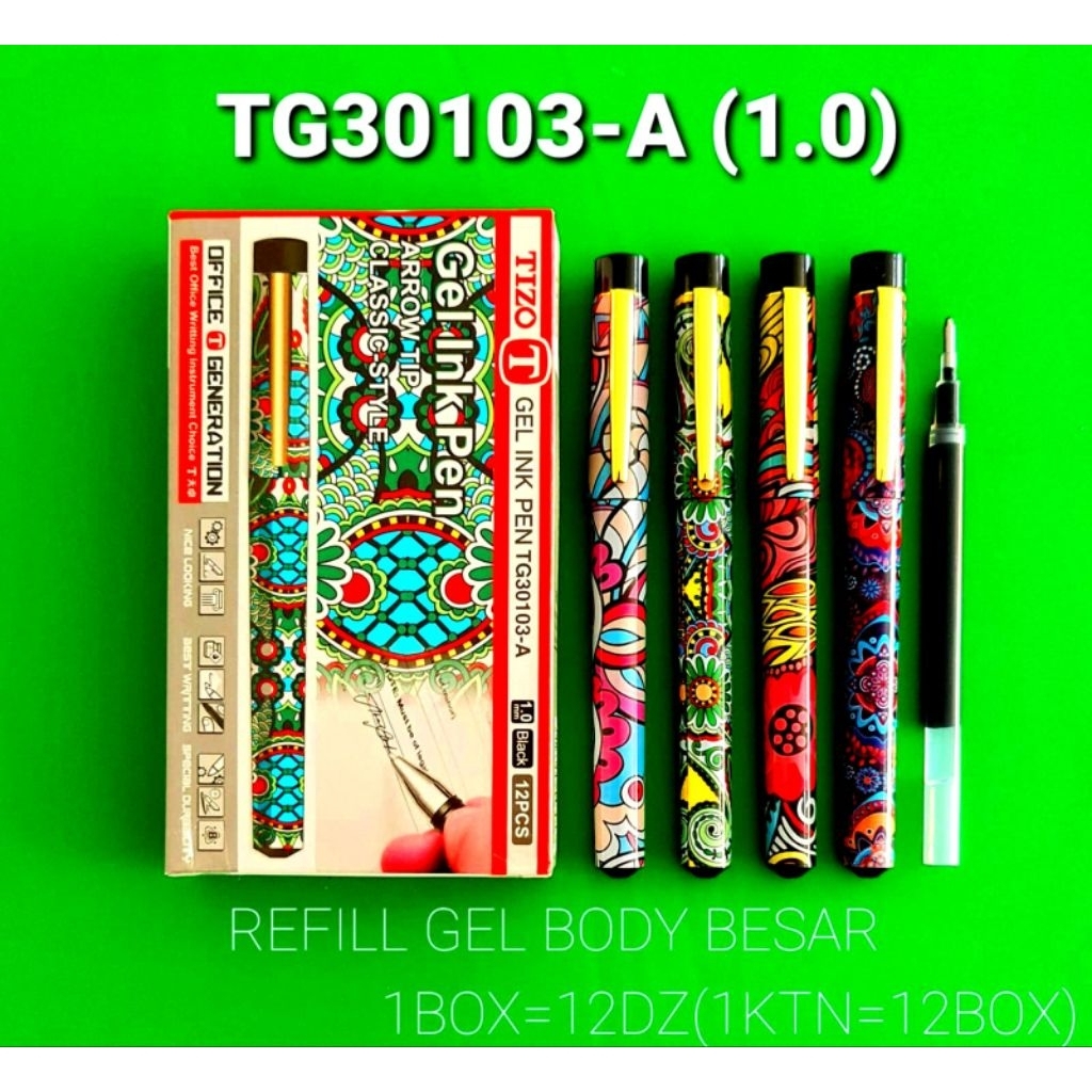 

Pulpen Gel Tizo TG30103-A 1.0mm | Refill Body Besar Motif Unik | 1 Box 12pcs (Refillable)
